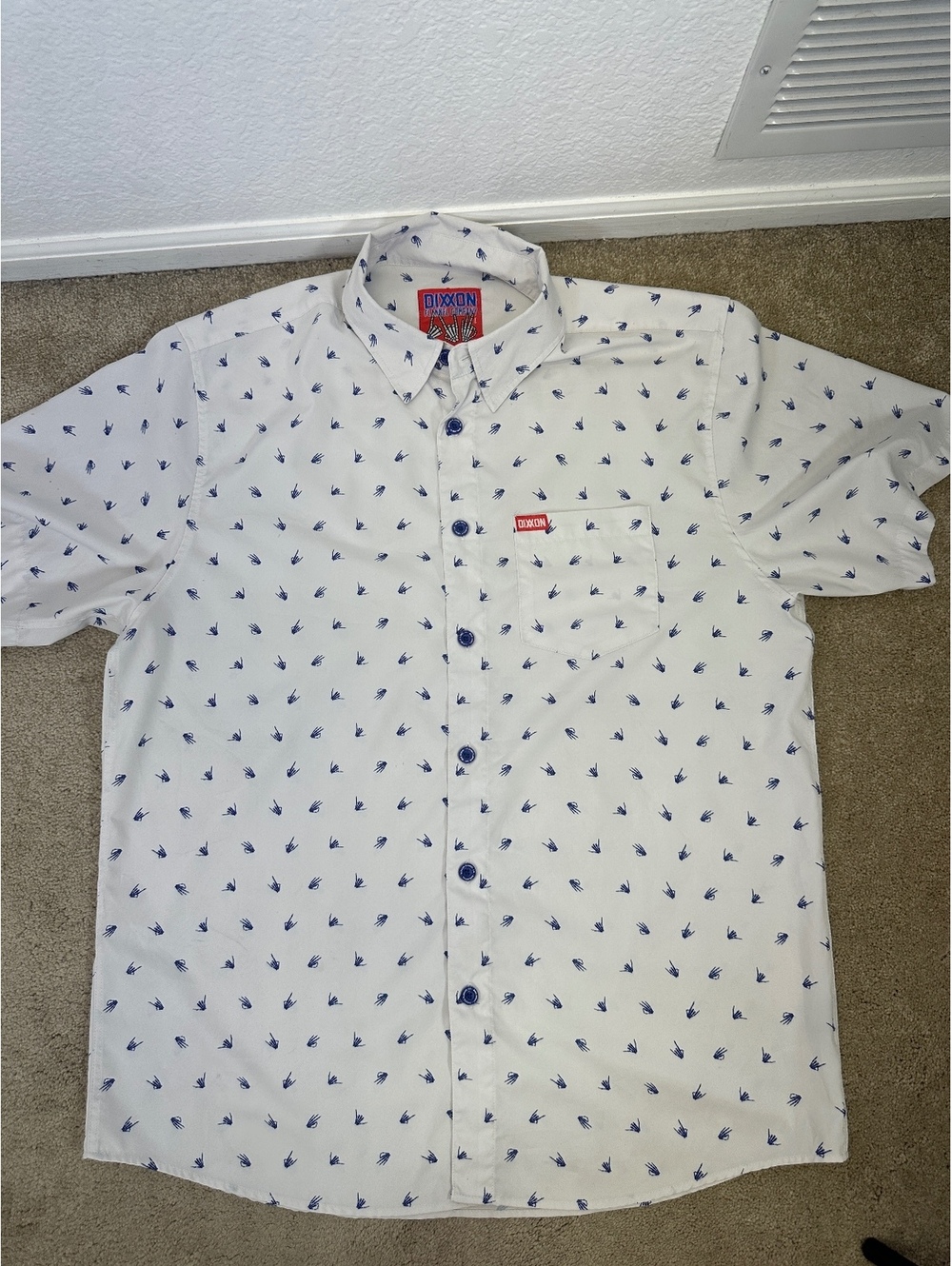 Men’s Sz L Dixxon Brolingual Short Sleeve Button Up Shirt Skeleton Hands Party - Picture 6 of 8